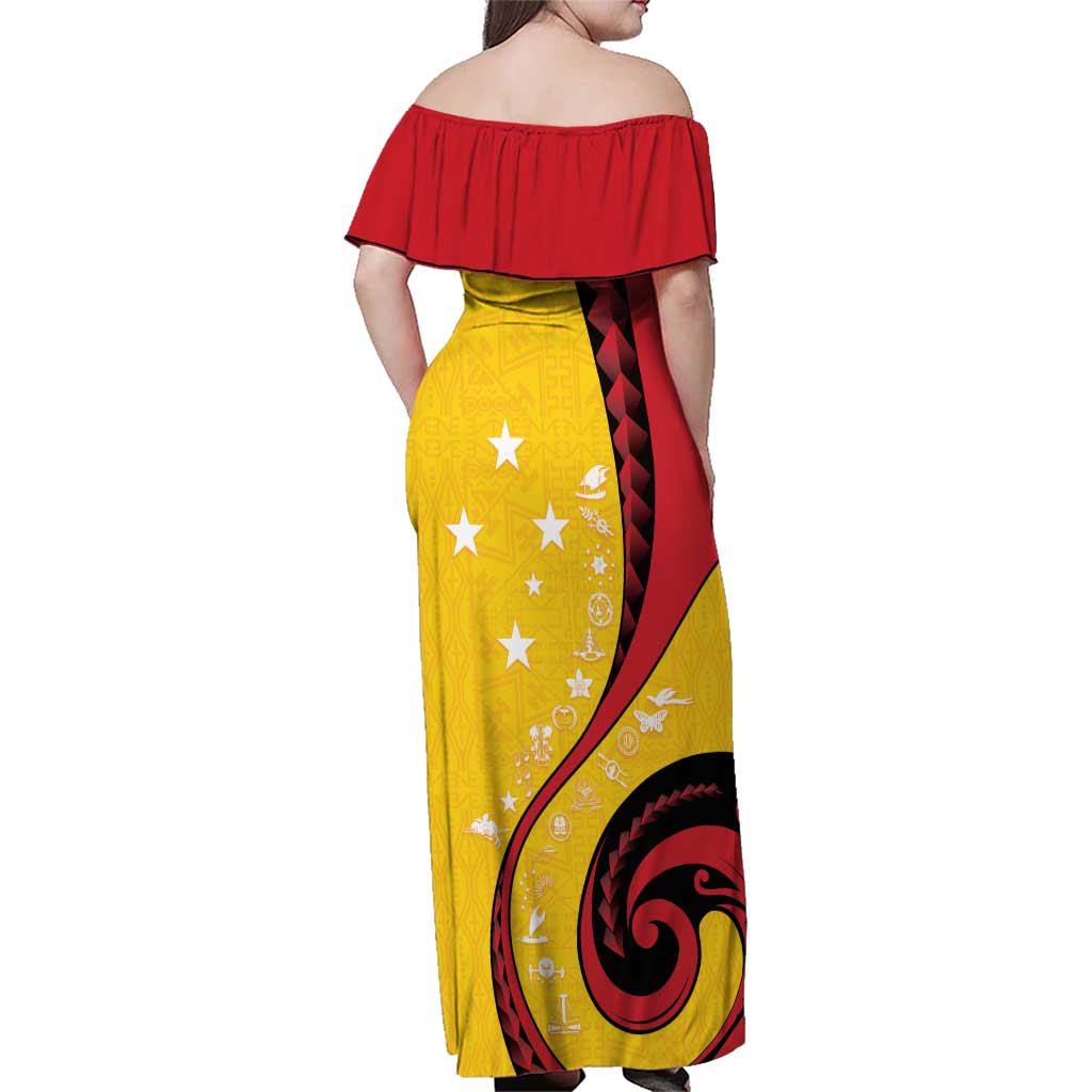 Papua New Guinea 50th Independence Anniversary Family Matching Off Shoulder Maxi Dress and Hawaiian Shirt Special Style Yellow Version - Polynesian Pride