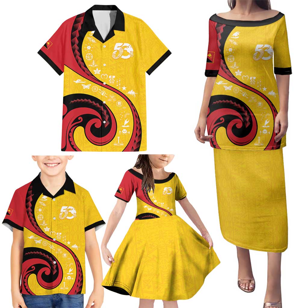 Papua New Guinea 50th Independence Anniversary Family Matching Puletasi and Hawaiian Shirt Special Style Yellow Version - Polynesian Pride