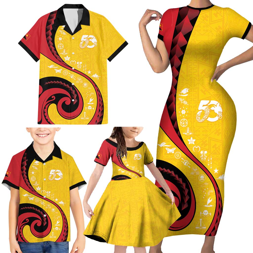 Papua New Guinea 50th Independence Anniversary Family Matching Short Sleeve Bodycon Dress and Hawaiian Shirt Special Style Yellow Version - Polynesian Pride