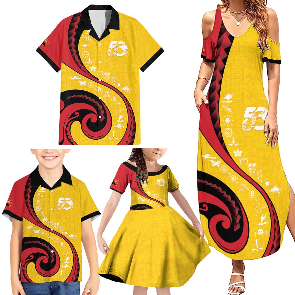 Papua New Guinea 50th Independence Anniversary Family Matching Summer Maxi Dress and Hawaiian Shirt Special Style Yellow Version - Polynesian Pride