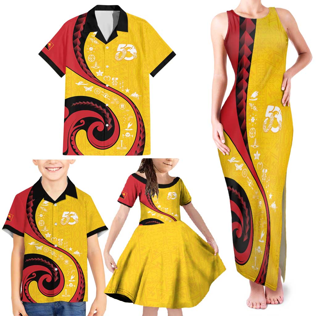 Papua New Guinea 50th Independence Anniversary Family Matching Tank Maxi Dress and Hawaiian Shirt Special Style Yellow Version - Polynesian Pride