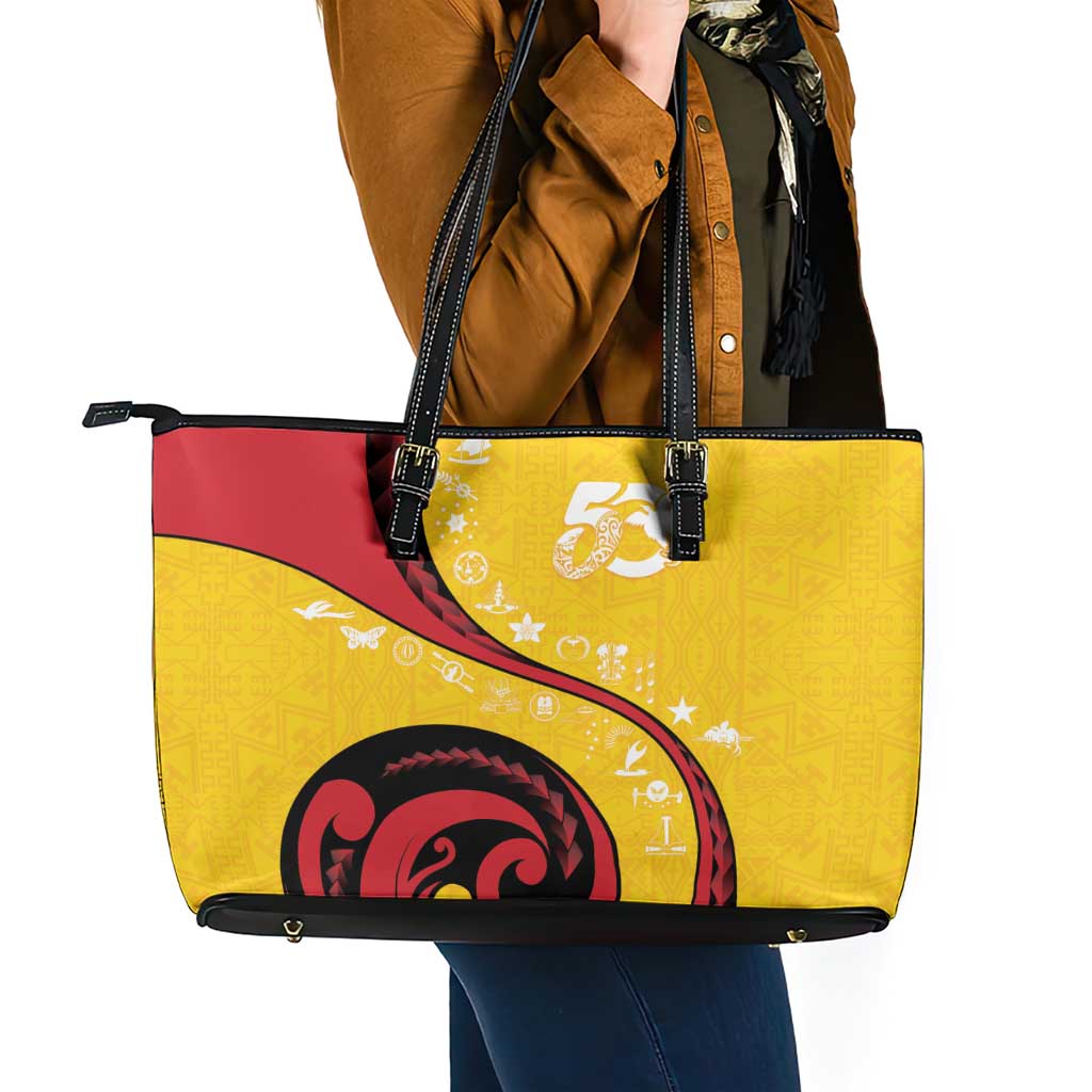 Papua New Guinea 50th Independence Anniversary Leather Tote Bag Special Style Yellow Version - Polynesian Pride