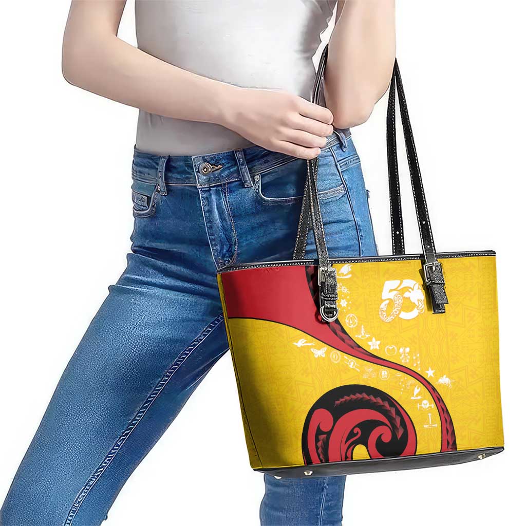 Papua New Guinea 50th Independence Anniversary Leather Tote Bag Special Style Yellow Version - Polynesian Pride