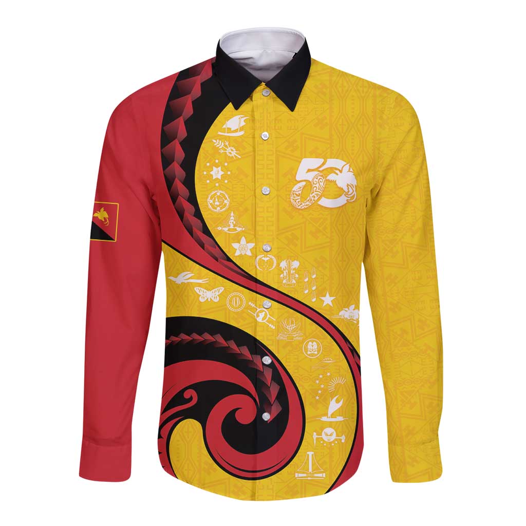 Papua New Guinea 50th Independence Anniversary Long Sleeve Button Shirt Special Style Yellow Version - Polynesian Pride
