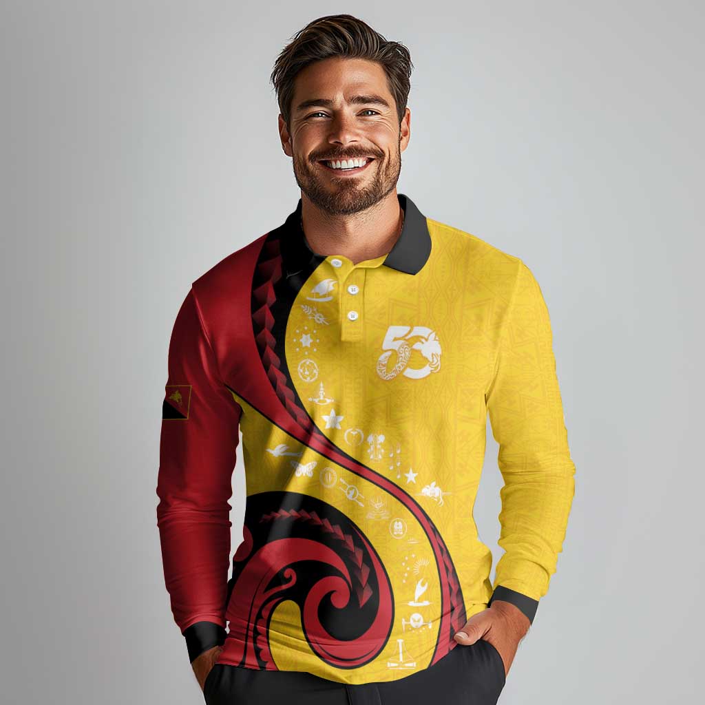 Papua New Guinea 50th Independence Anniversary Long Sleeve Polo Shirt Special Style Yellow Version - Polynesian Pride