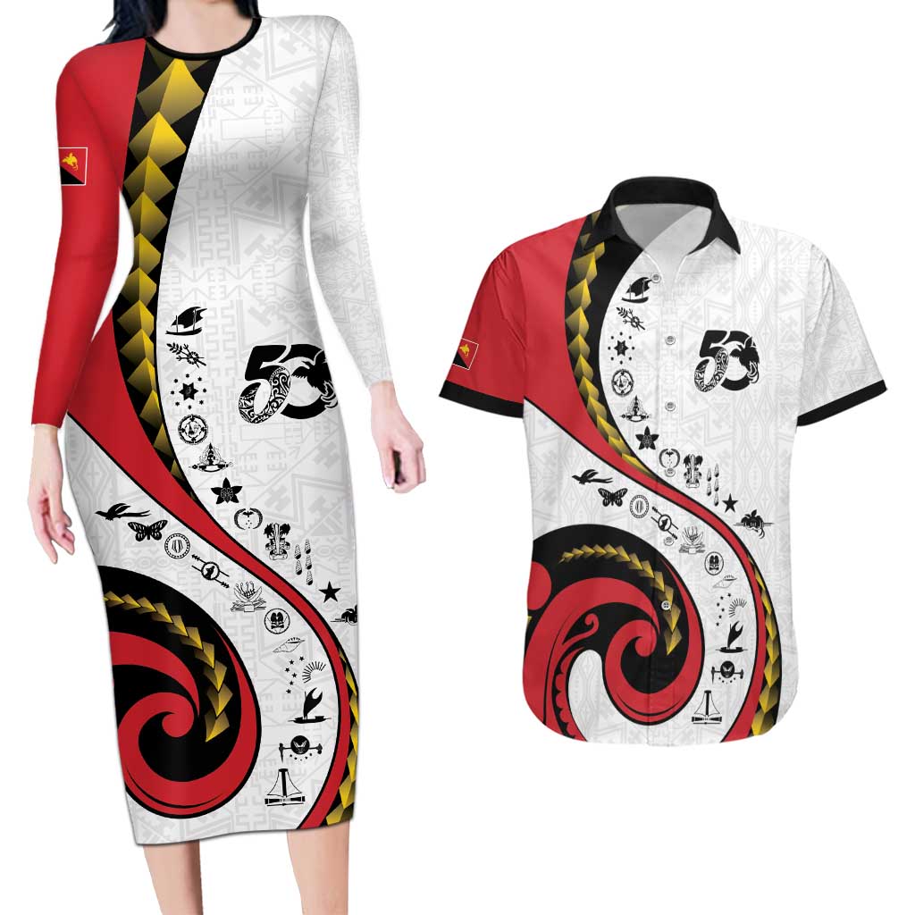 Papua New Guinea 50th Independence Anniversary Couples Matching Long Sleeve Bodycon Dress and Hawaiian Shirt Special Style White Version - Polynesian Pride