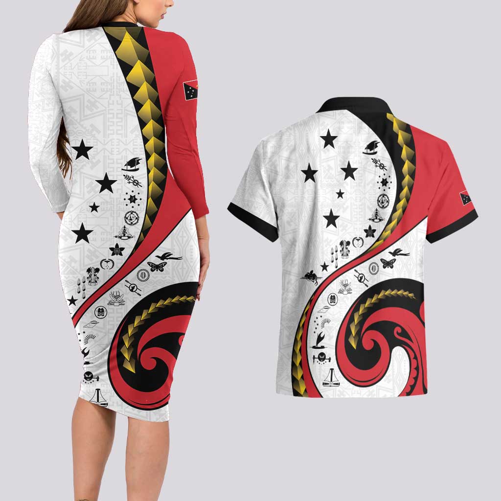 Papua New Guinea 50th Independence Anniversary Couples Matching Long Sleeve Bodycon Dress and Hawaiian Shirt Special Style White Version - Polynesian Pride