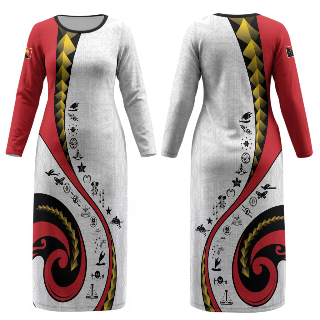 Papua New Guinea Independence Couples Matching Long Sleeve Bodycon Dress and Long Sleeve Button Shirt Special Style White Version LT05 - Polynesian Pride