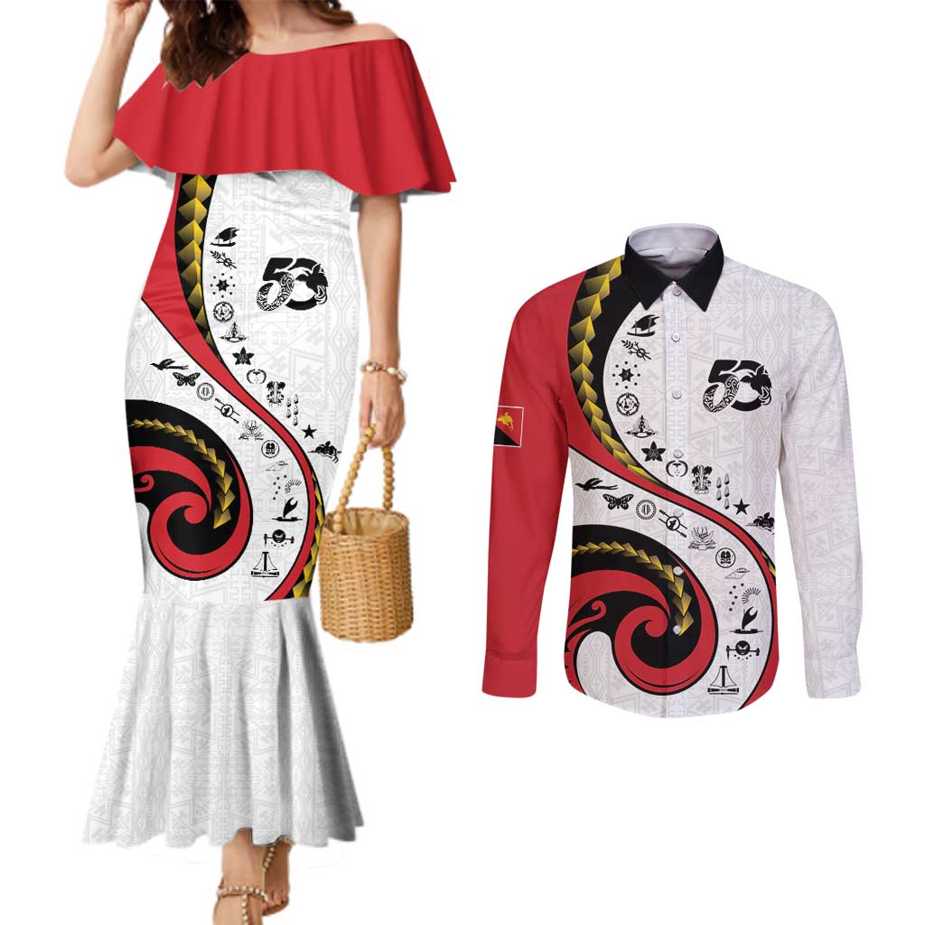 Papua New Guinea 50th Independence Anniversary Couples Matching Mermaid Dress and Long Sleeve Button Shirt Special Style White Version - Polynesian Pride