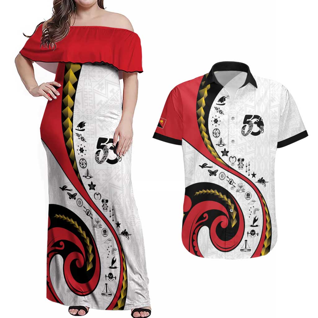 Papua New Guinea 50th Independence Anniversary Couples Matching Off Shoulder Maxi Dress and Hawaiian Shirt Special Style White Version - Polynesian Pride