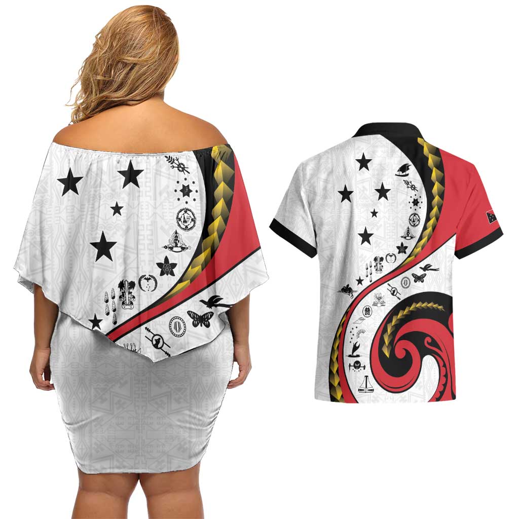 Papua New Guinea 50th Independence Anniversary Couples Matching Off Shoulder Short Dress and Hawaiian Shirt Special Style White Version - Polynesian Pride
