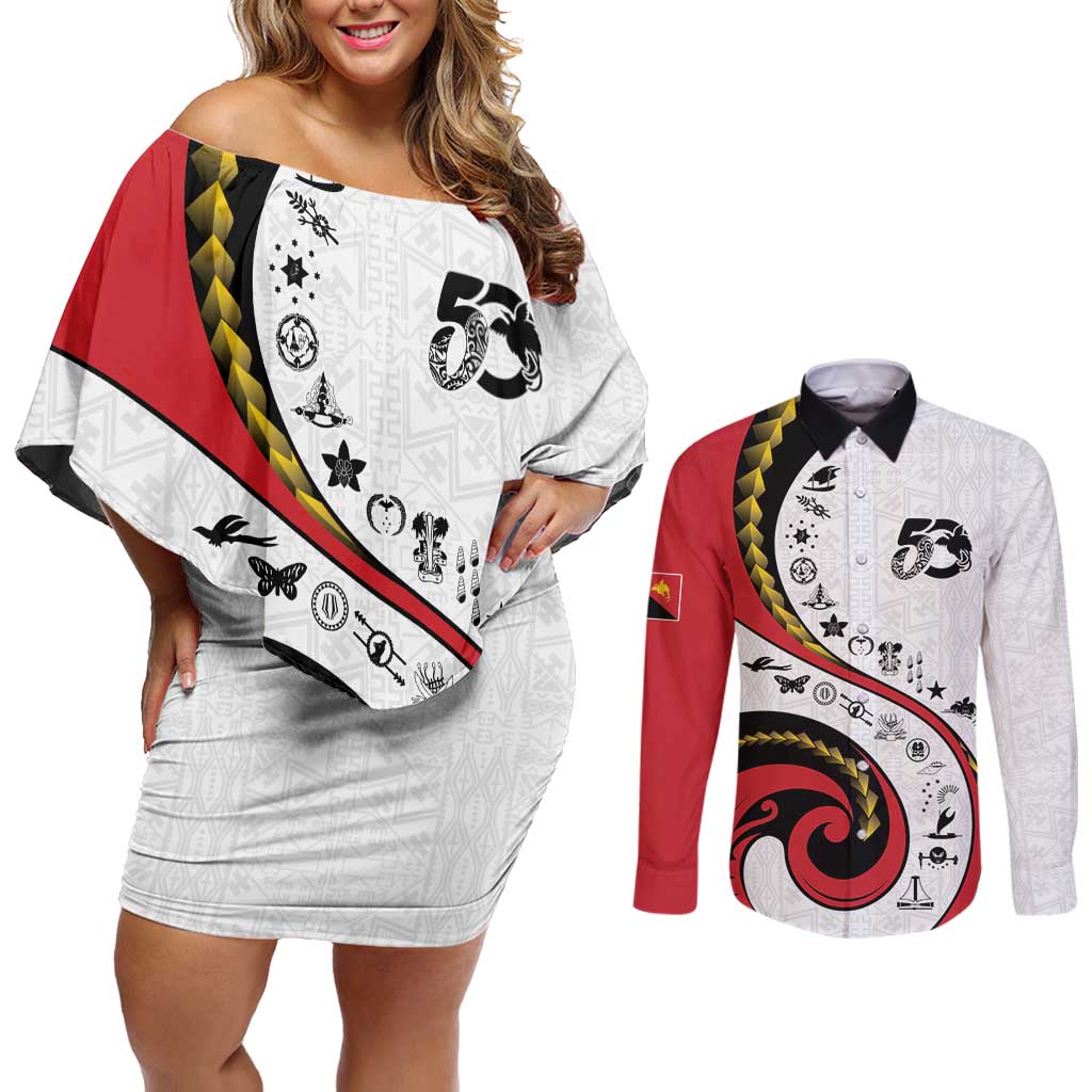Papua New Guinea 50th Independence Anniversary Couples Matching Off Shoulder Short Dress and Long Sleeve Button Shirt Special Style White Version - Polynesian Pride