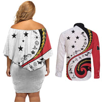 Papua New Guinea 50th Independence Anniversary Couples Matching Off Shoulder Short Dress and Long Sleeve Button Shirt Special Style White Version - Polynesian Pride