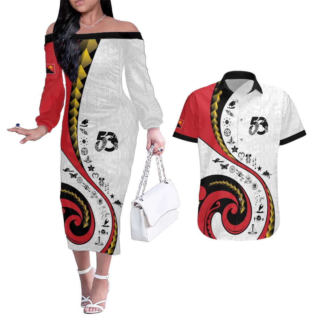 Papua New Guinea 50th Independence Anniversary Couples Matching Off The Shoulder Long Sleeve Dress and Hawaiian Shirt Special Style White Version - Polynesian Pride
