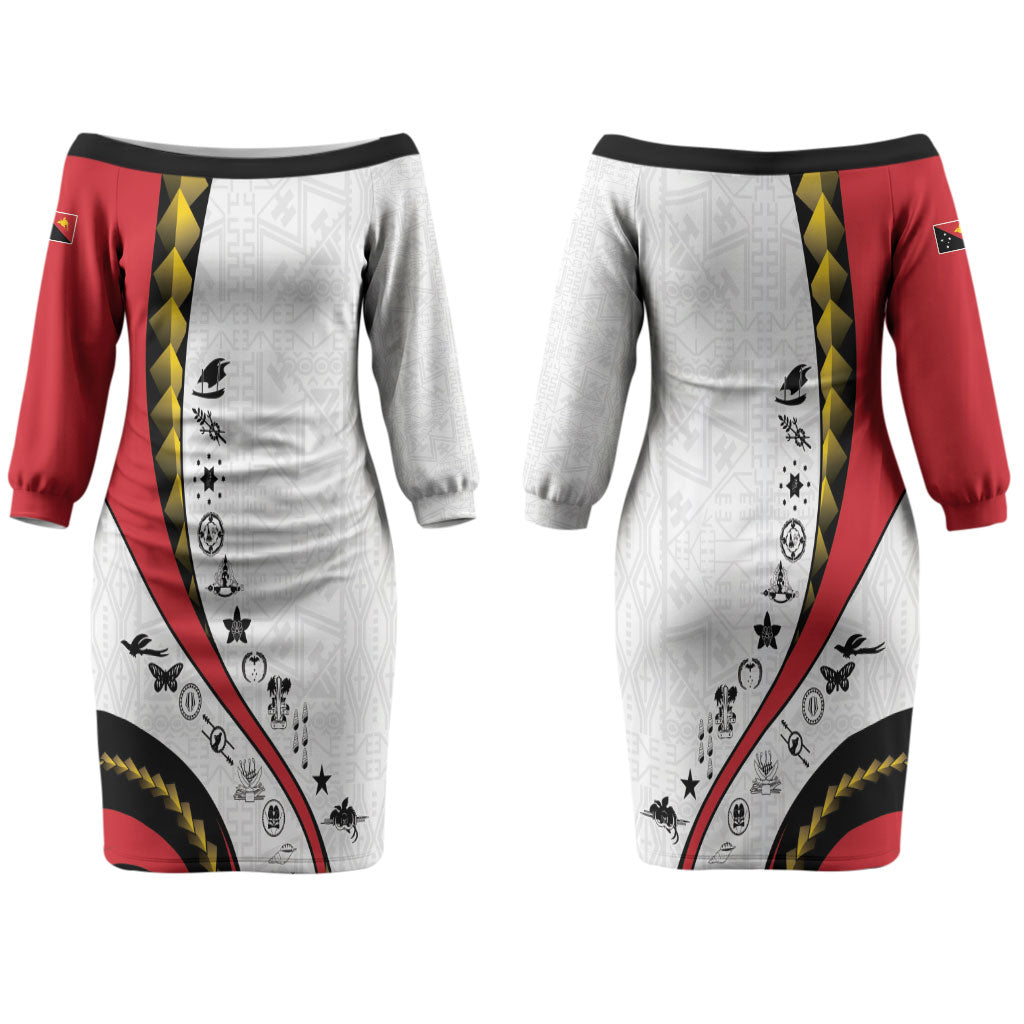 Papua New Guinea Independence Couples Matching Off The Shoulder Long Sleeve Dress and Long Sleeve Button Shirt Special Style White Version LT05 - Polynesian Pride