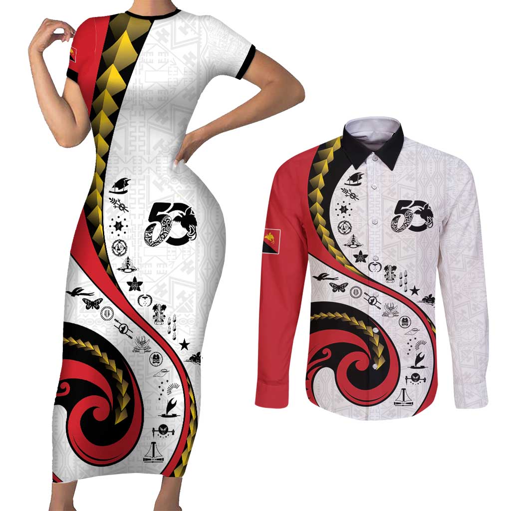 Papua New Guinea 50th Independence Anniversary Couples Matching Short Sleeve Bodycon Dress and Long Sleeve Button Shirt Special Style White Version - Polynesian Pride