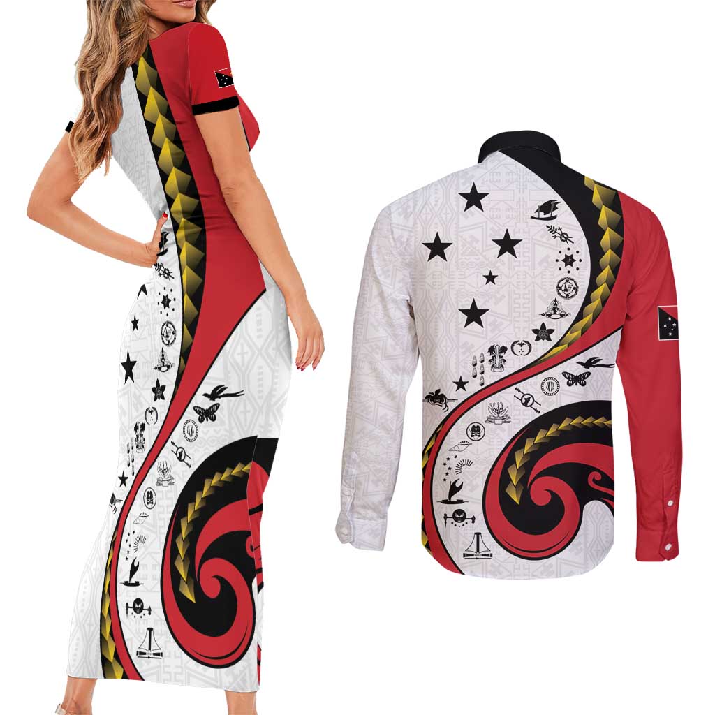 Papua New Guinea 50th Independence Anniversary Couples Matching Short Sleeve Bodycon Dress and Long Sleeve Button Shirt Special Style White Version - Polynesian Pride