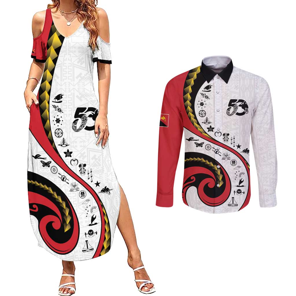 Papua New Guinea 50th Independence Anniversary Couples Matching Summer Maxi Dress and Long Sleeve Button Shirt Special Style White Version - Polynesian Pride