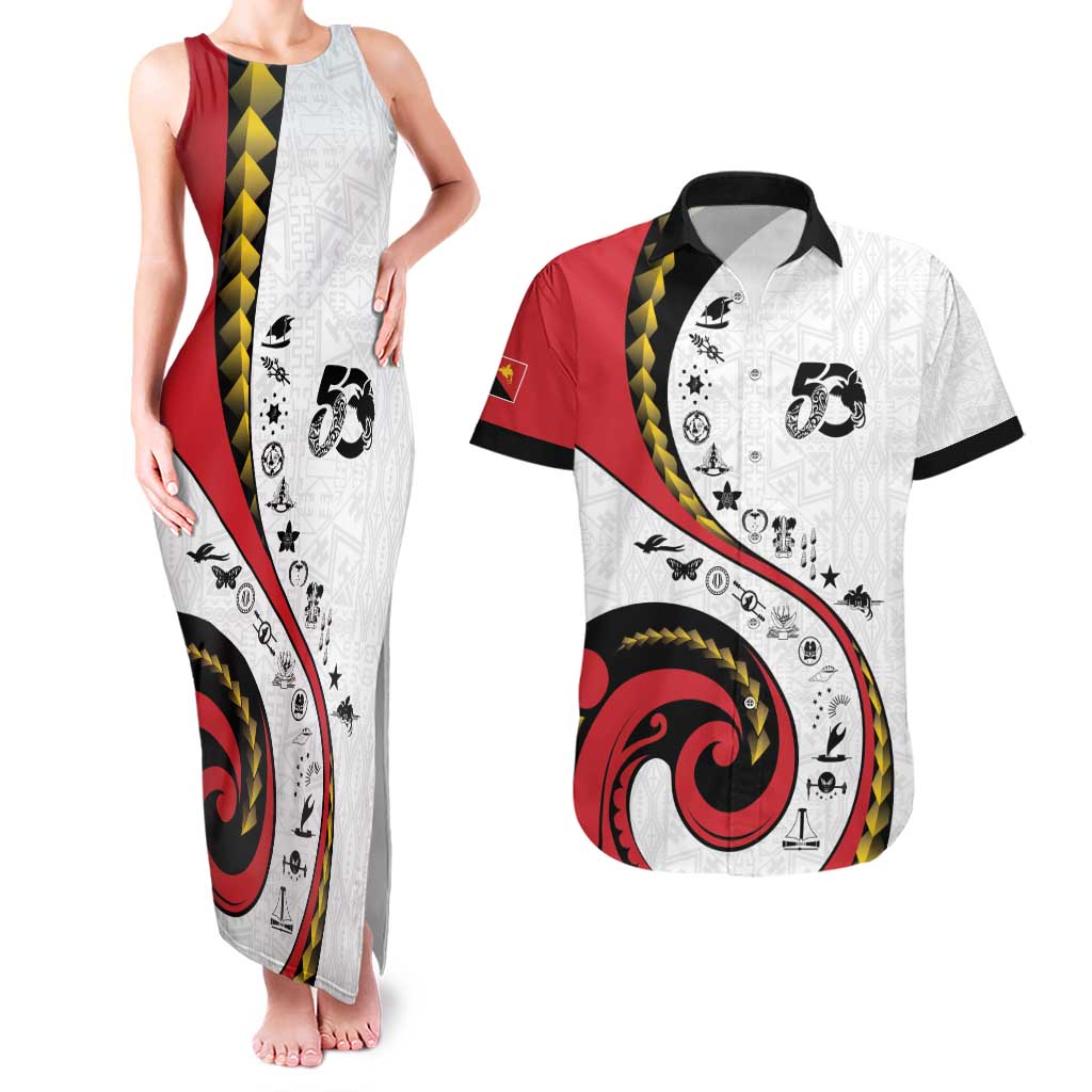 Papua New Guinea 50th Independence Anniversary Couples Matching Tank Maxi Dress and Hawaiian Shirt Special Style White Version - Polynesian Pride