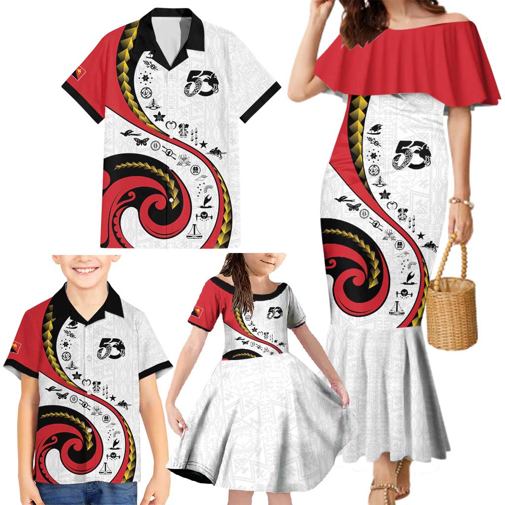 Papua New Guinea 50th Independence Anniversary Family Matching Mermaid Dress and Hawaiian Shirt Special Style White Version - Polynesian Pride