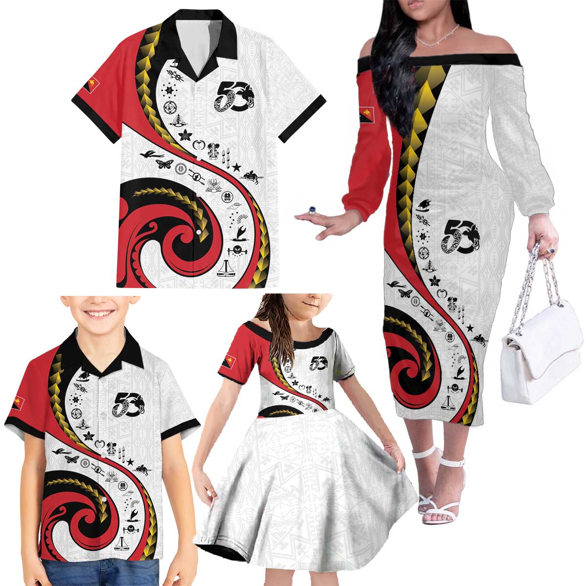 Papua New Guinea 50th Independence Anniversary Family Matching Off The Shoulder Long Sleeve Dress and Hawaiian Shirt Special Style White Version - Polynesian Pride