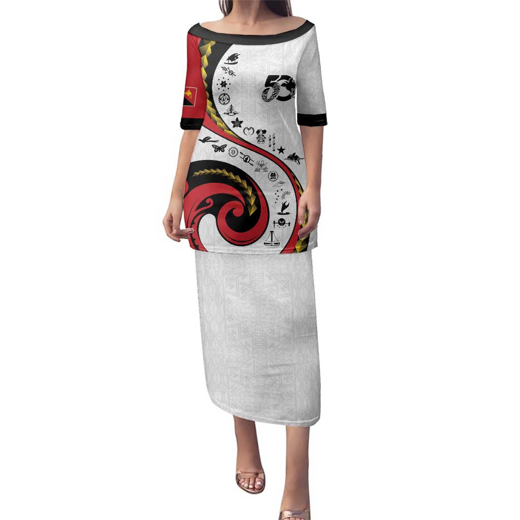 Papua New Guinea 50th Independence Anniversary Family Matching Puletasi and Hawaiian Shirt Special Style White Version - Polynesian Pride