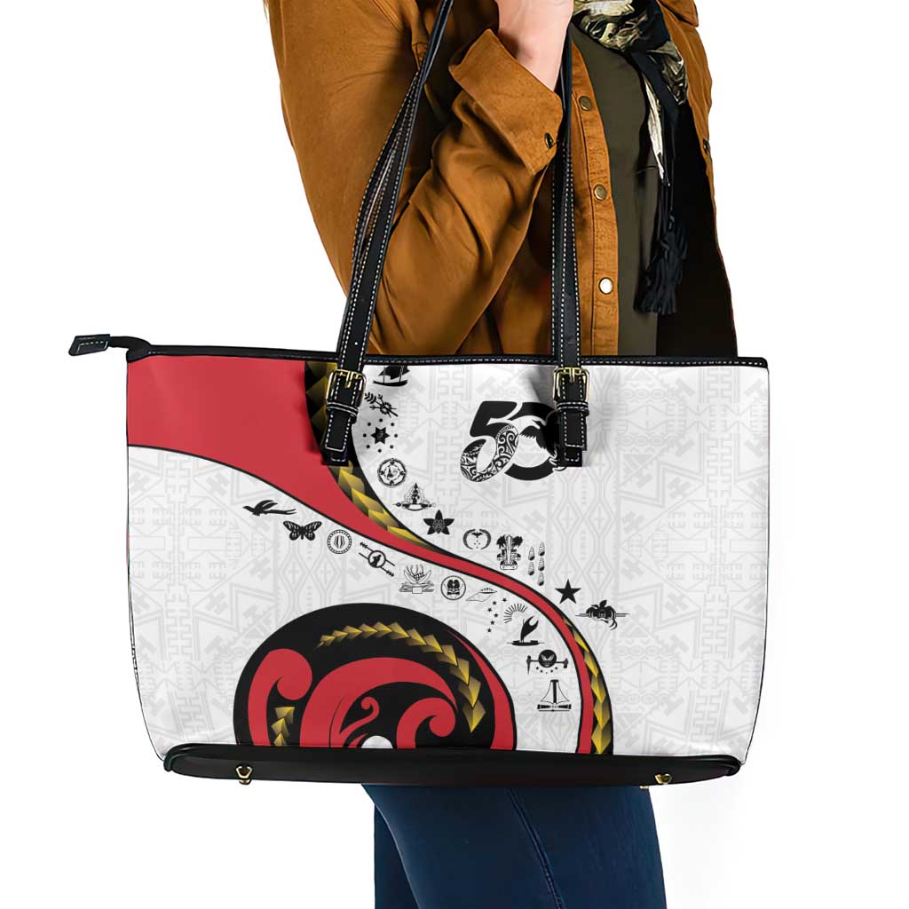 Papua New Guinea 50th Independence Anniversary Leather Tote Bag Special Style White Version - Polynesian Pride