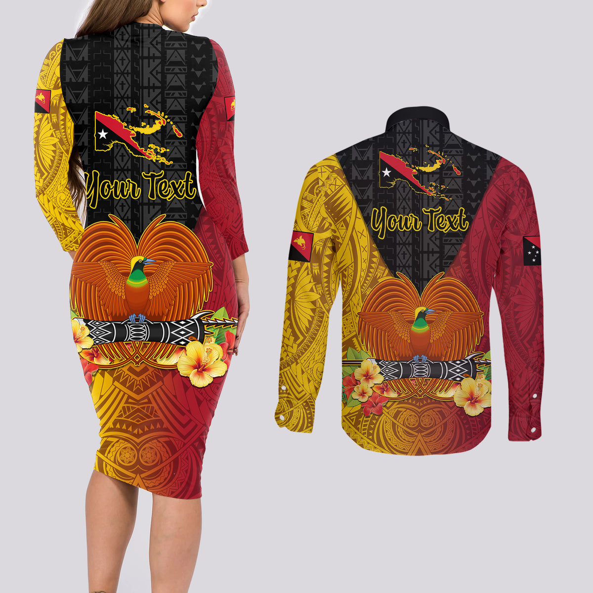 Personalized Papua New Guinea Independence Day Couples Matching Long Sleeve Bodycon Dress and Long Sleeve Button Shirts Bird Of Paradise With Polynesian Pattern LT05 - Polynesian Pride