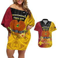 Personalized Papua New Guinea Independence Day Couples Matching Off Shoulder Short Dress and Hawaiian Shirt Bird Of Paradise With Polynesian Pattern LT05 Yellow - Polynesian Pride