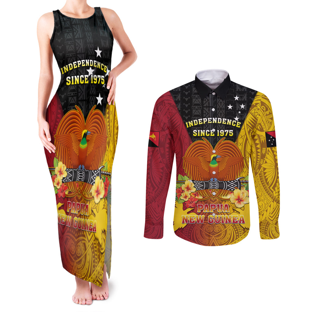 Personalized Papua New Guinea Independence Day Couples Matching Tank Maxi Dress and Long Sleeve Button Shirts Bird Of Paradise With Polynesian Pattern LT05 Yellow - Polynesian Pride