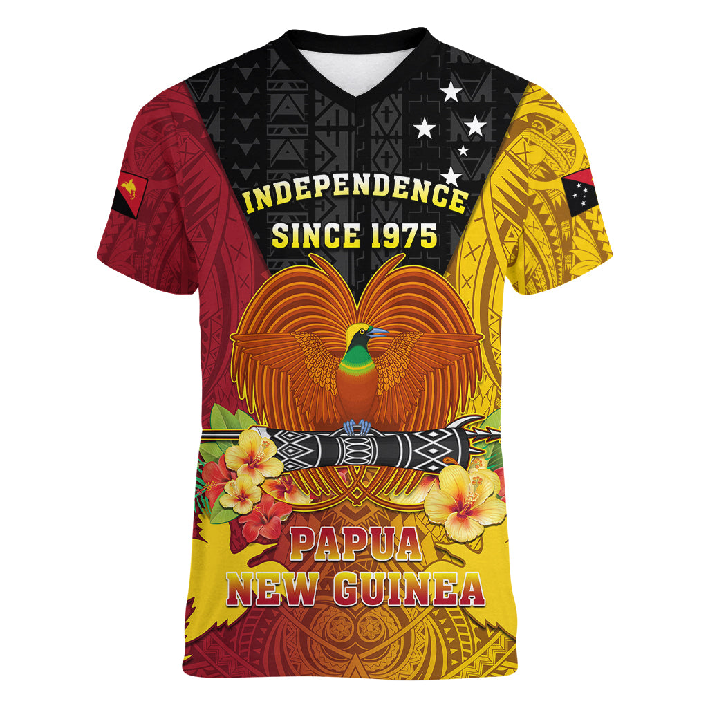Personalized Papua New Guinea Independence Day Women V Neck T Shirt Bird Of Paradise With Polynesian Pattern LT05 Female Yellow - Polynesian Pride