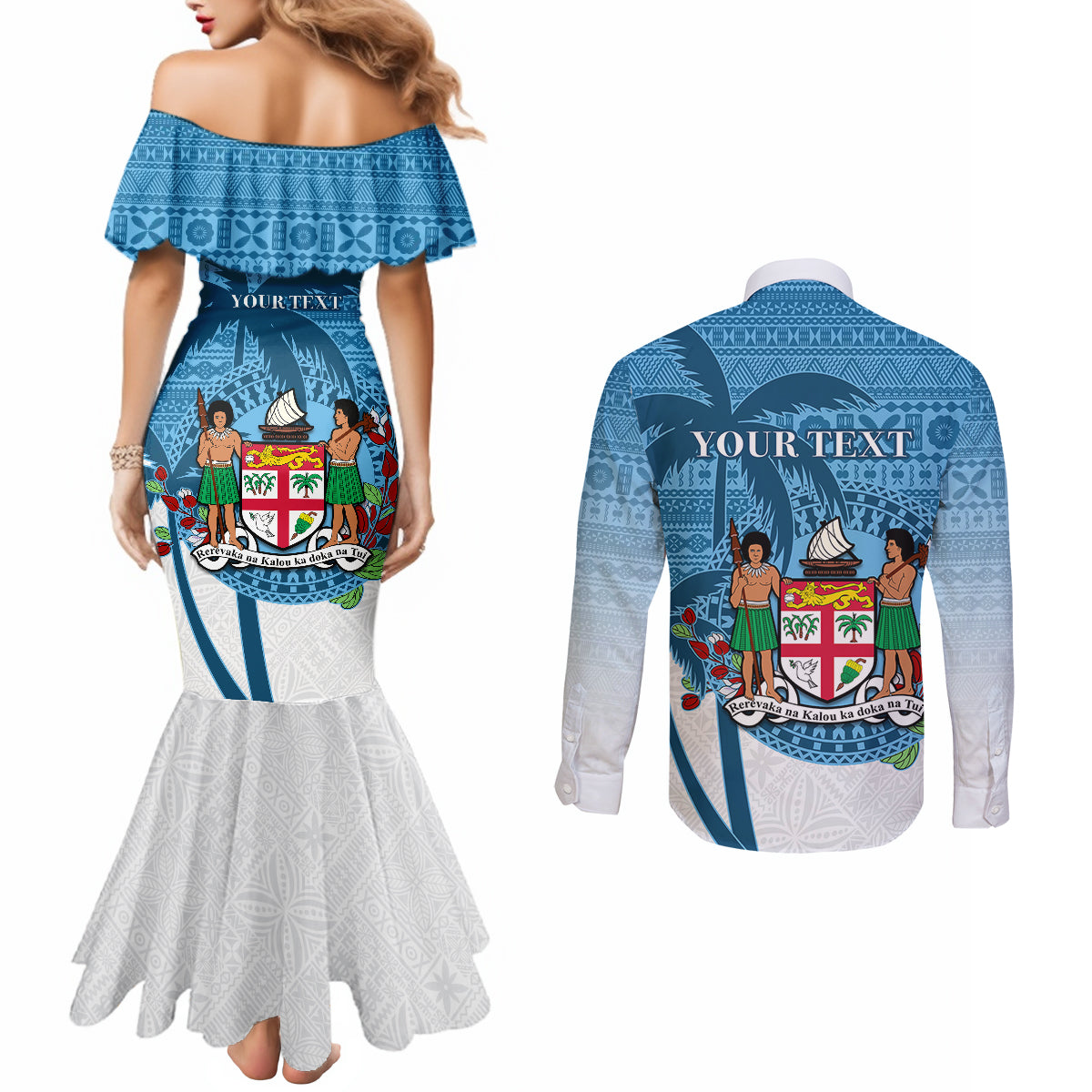 Personalized Fiji Couples Matching Mermaid Dress and Long Sleeve Button Shirts Coat Of Arms Tagimoucia With Fijian Tapa Pattern LT05 - Polynesian Pride