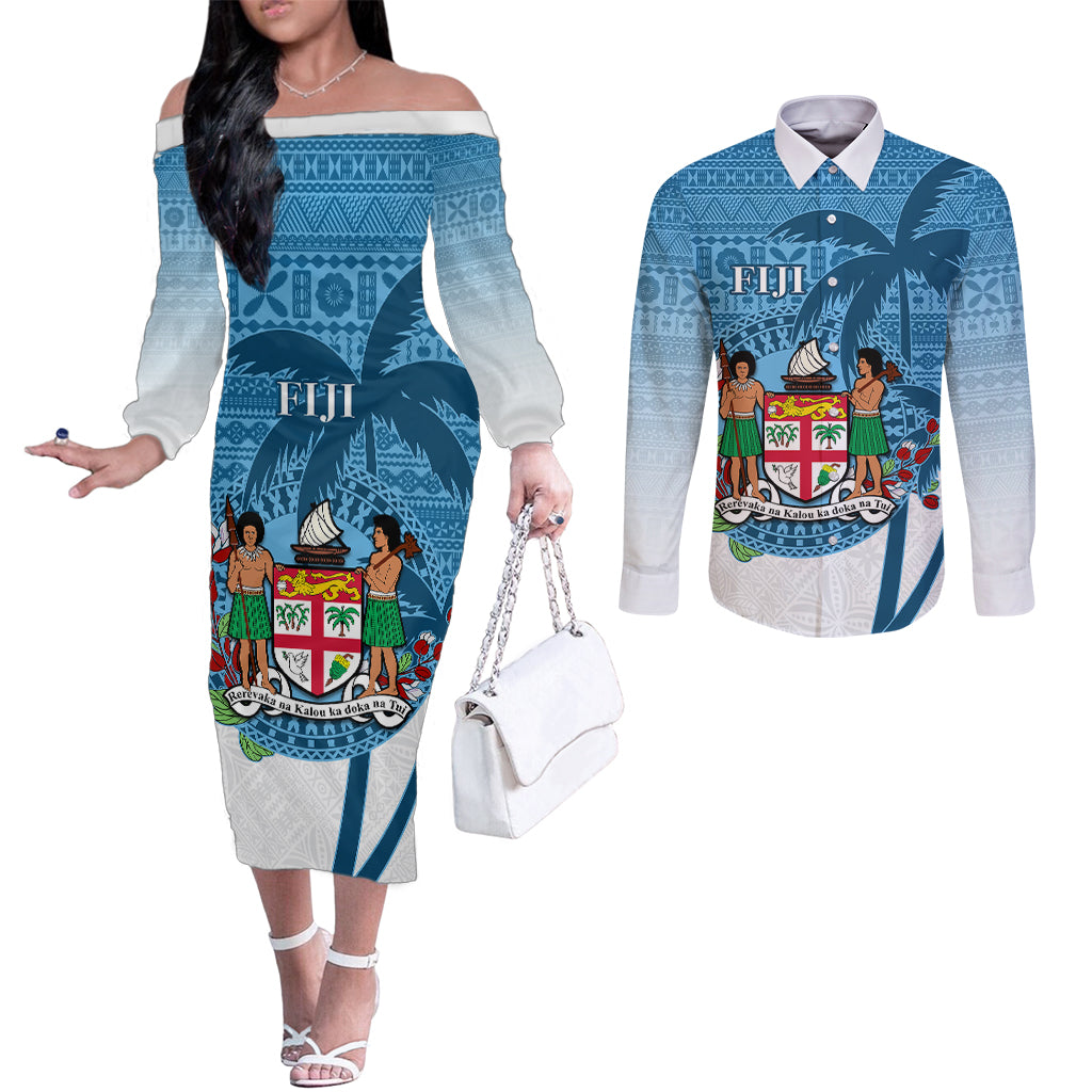 Personalized Fiji Couples Matching Off The Shoulder Long Sleeve Dress and Long Sleeve Button Shirts Coat Of Arms Tagimoucia With Fijian Tapa Pattern LT05 Blue - Polynesian Pride