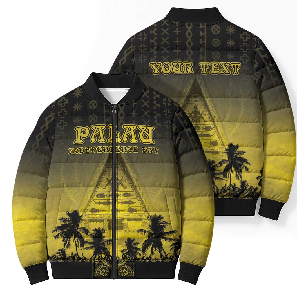 Personalised Palau Independence Day Bomber Puffer Jacket Palauan Tattoo Pattern - Polynesian Pride