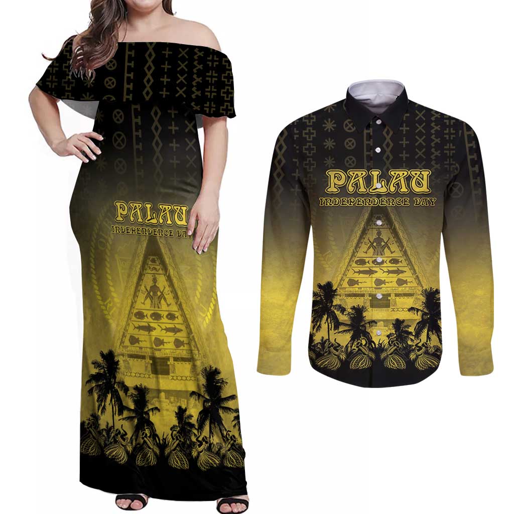 Personalised Palau Independence Day Couples Matching Off Shoulder Maxi Dress and Long Sleeve Button Shirt Palauan Tattoo Pattern - Polynesian Pride