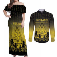 Personalised Palau Independence Day Couples Matching Off Shoulder Maxi Dress and Long Sleeve Button Shirt Palauan Tattoo Pattern - Polynesian Pride