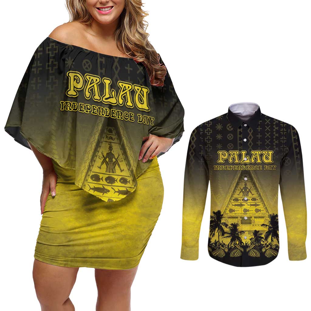 Personalised Palau Independence Day Couples Matching Off Shoulder Short Dress and Long Sleeve Button Shirt Palauan Tattoo Pattern - Polynesian Pride