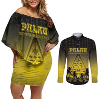 Personalised Palau Independence Day Couples Matching Off Shoulder Short Dress and Long Sleeve Button Shirt Palauan Tattoo Pattern - Polynesian Pride