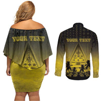 Personalised Palau Independence Day Couples Matching Off Shoulder Short Dress and Long Sleeve Button Shirt Palauan Tattoo Pattern - Polynesian Pride