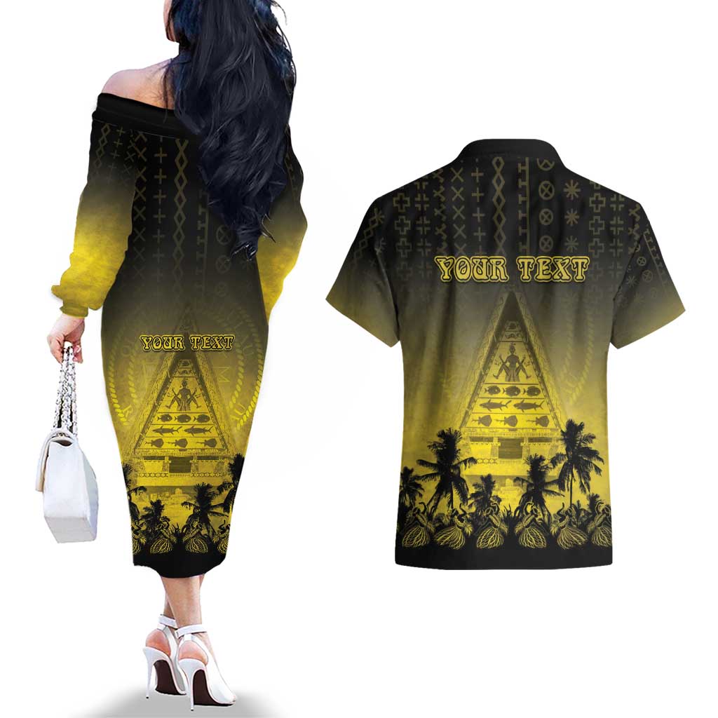 Personalised Palau Independence Day Couples Matching Off The Shoulder Long Sleeve Dress and Hawaiian Shirt Palauan Tattoo Pattern - Polynesian Pride