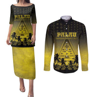 Personalised Palau Independence Day Couples Matching Puletasi and Long Sleeve Button Shirt Palauan Tattoo Pattern - Polynesian Pride