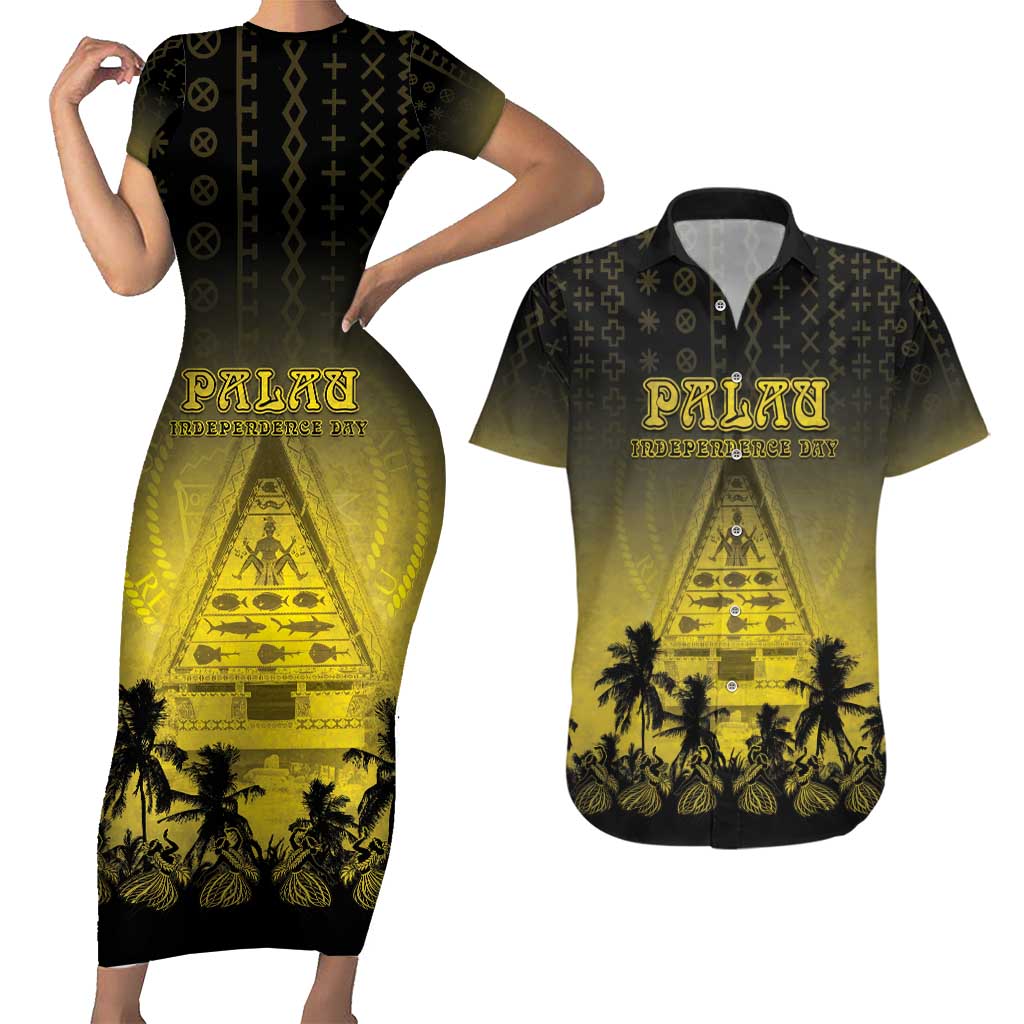 Personalised Palau Independence Day Couples Matching Short Sleeve Bodycon Dress and Hawaiian Shirt Palauan Tattoo Pattern - Polynesian Pride