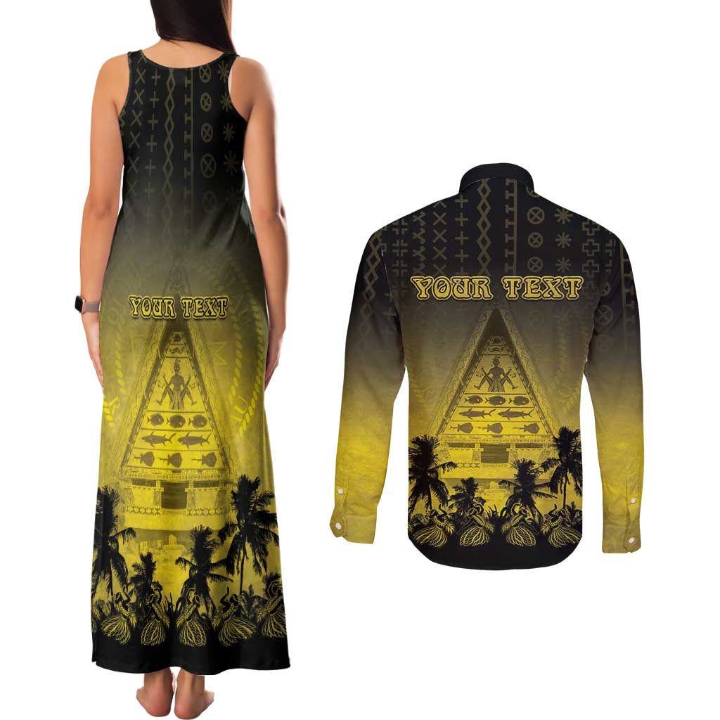 Personalised Palau Independence Day Couples Matching Tank Maxi Dress and Long Sleeve Button Shirt Palauan Tattoo Pattern - Polynesian Pride