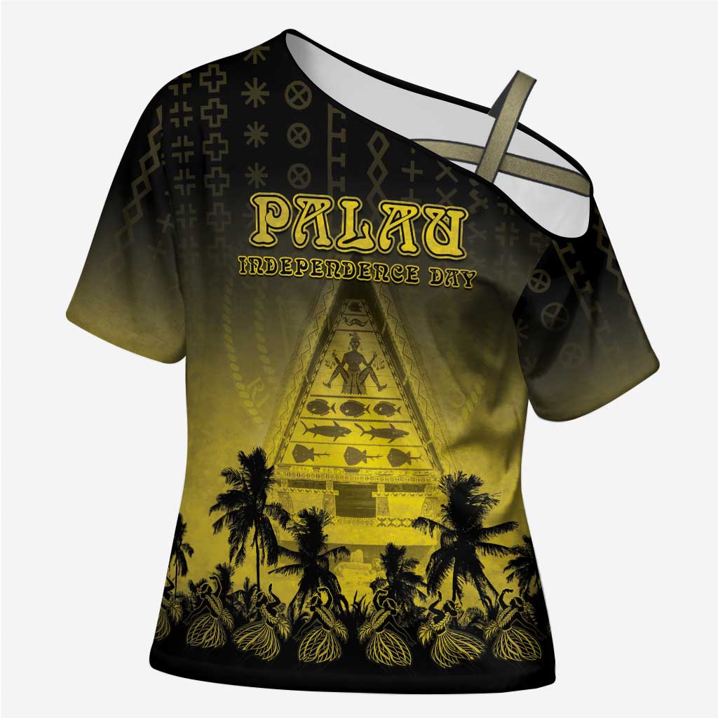 Personalised Palau Independence Day Cross Shoulder Shirt Palauan Tattoo Pattern - Polynesian Pride