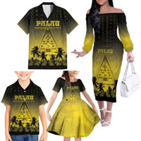 Personalised Palau Independence Day Family Matching Off The Shoulder Long Sleeve Dress and Hawaiian Shirt Palauan Tattoo Pattern - Polynesian Pride
