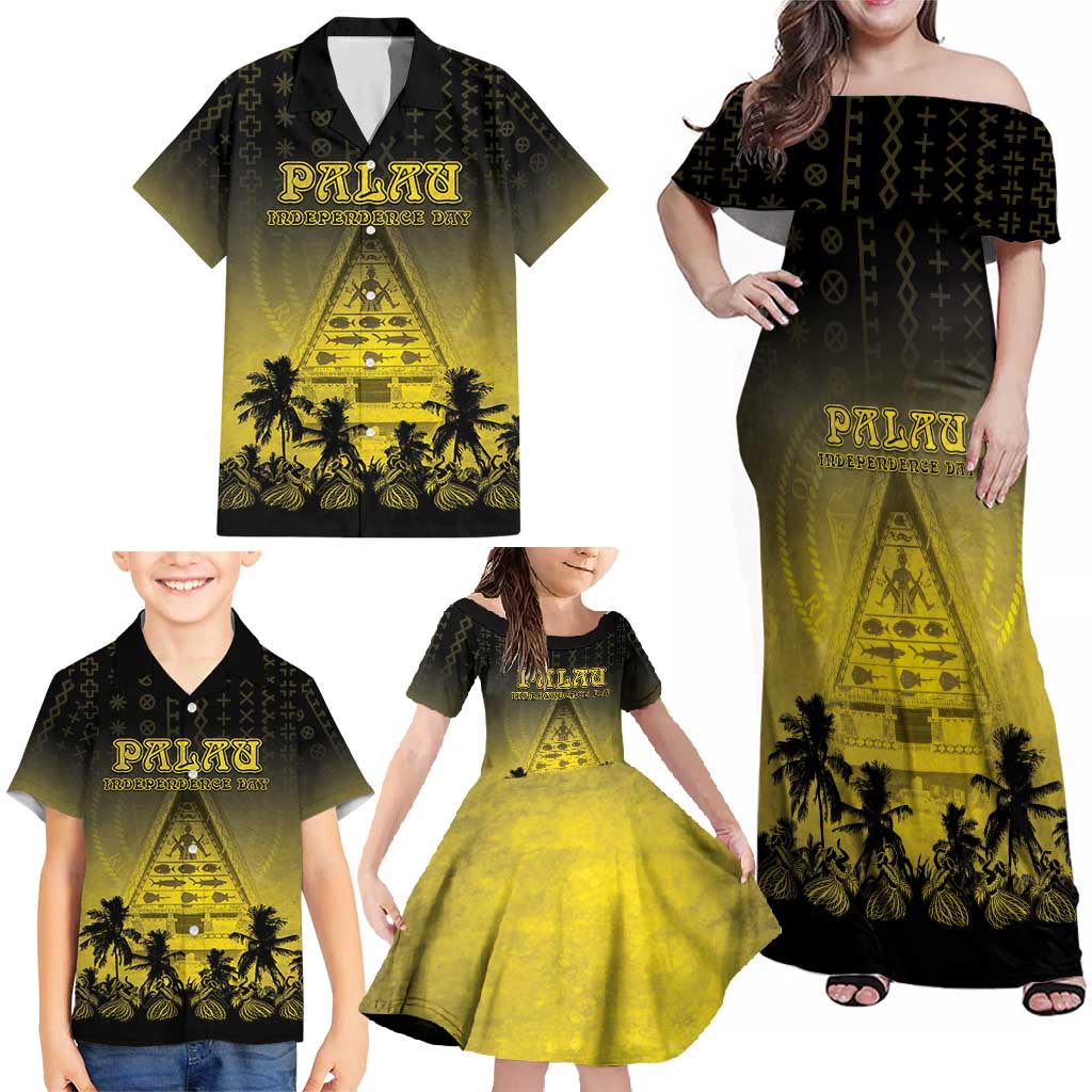 Personalised Palau Independence Day Family Matching Off Shoulder Maxi Dress and Hawaiian Shirt Palauan Tattoo Pattern - Polynesian Pride
