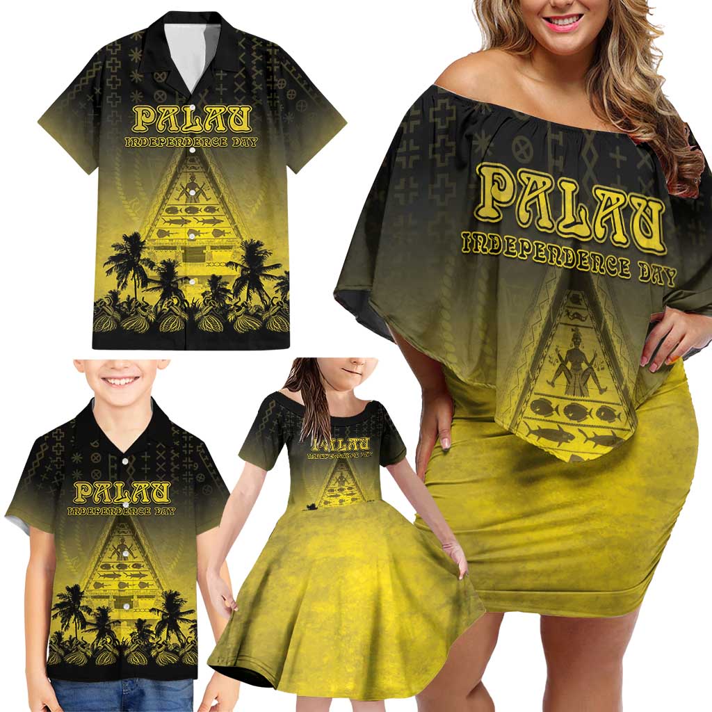 Personalised Palau Independence Day Family Matching Off Shoulder Short Dress and Hawaiian Shirt Palauan Tattoo Pattern - Polynesian Pride