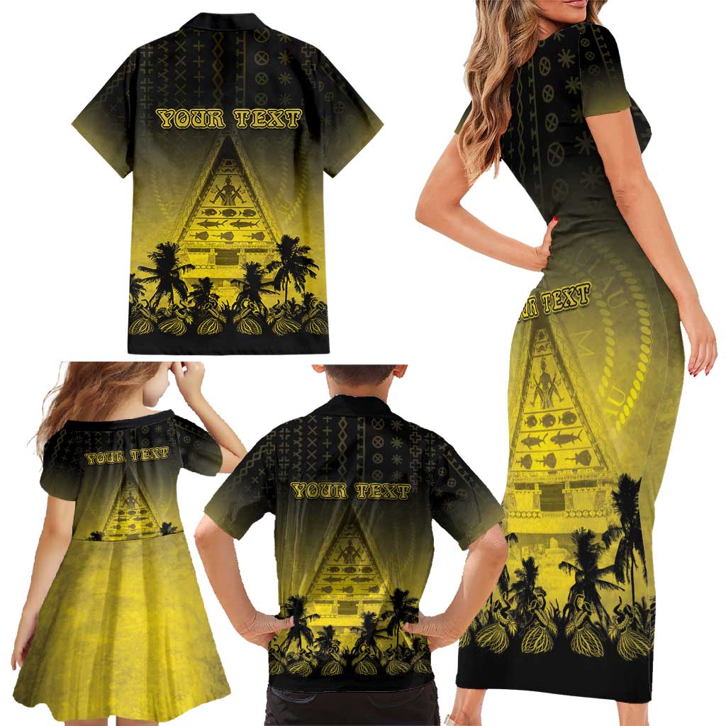 Personalised Palau Independence Day Family Matching Short Sleeve Bodycon Dress and Hawaiian Shirt Palauan Tattoo Pattern - Polynesian Pride