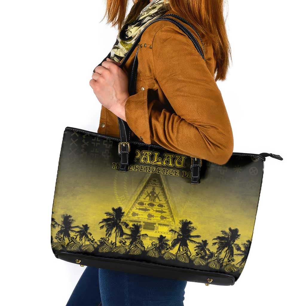 Palau Independence Day Leather Tote Bag Palauan Tattoo Pattern - Polynesian Pride