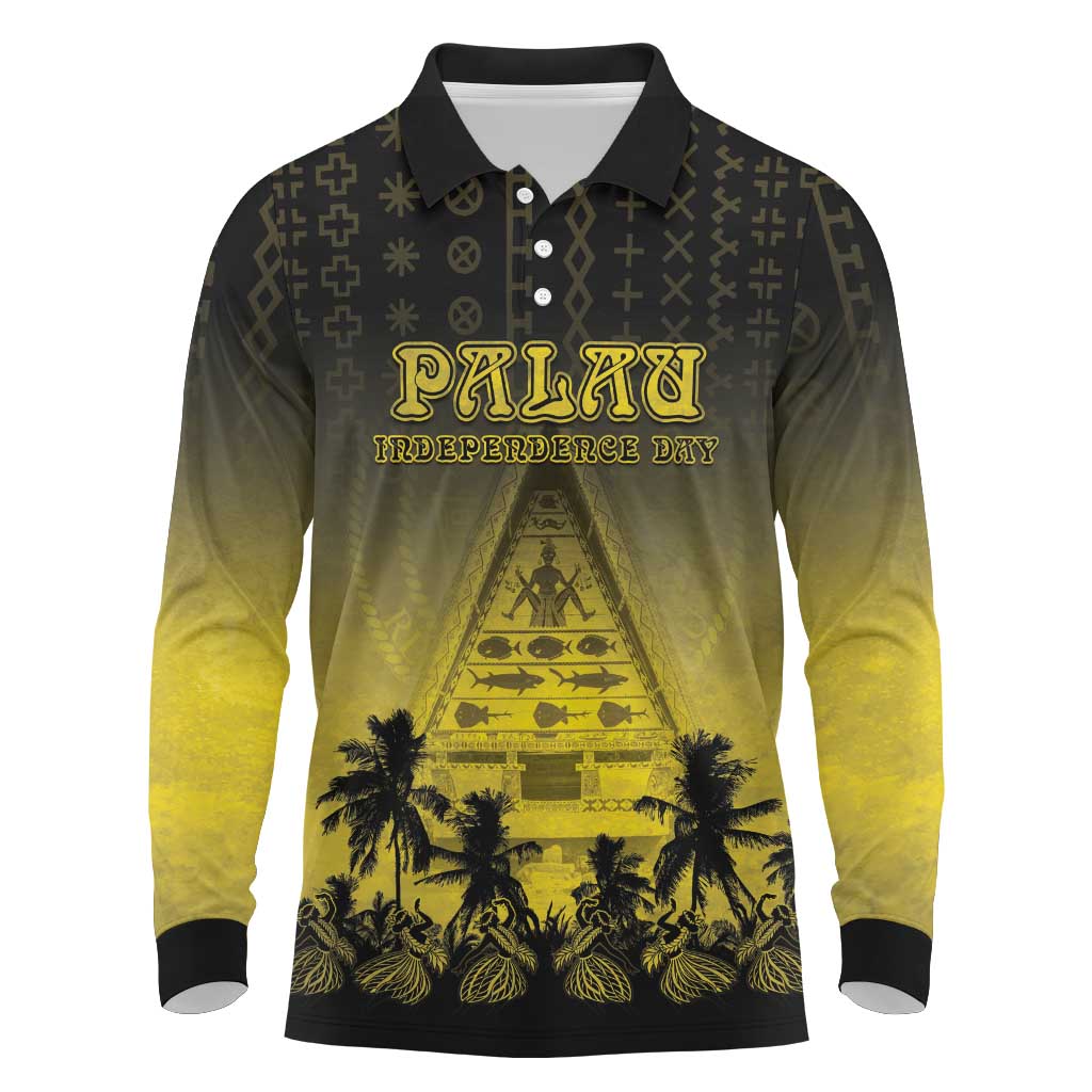 Personalised Palau Independence Day Long Sleeve Polo Shirt Palauan Tattoo Pattern - Polynesian Pride